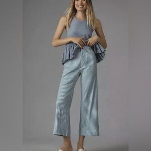 NWT Anthropologie Maeve Colette Crop Linen Pants Wide Leg Blue Stripe Size 31T